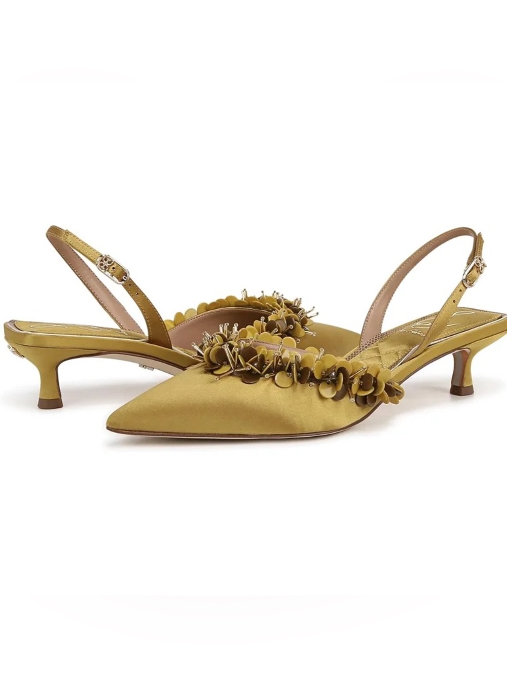 Sam Edelman Pointed Toe Slingback Satin Heels with Floral Appliqué - Mustard NIB